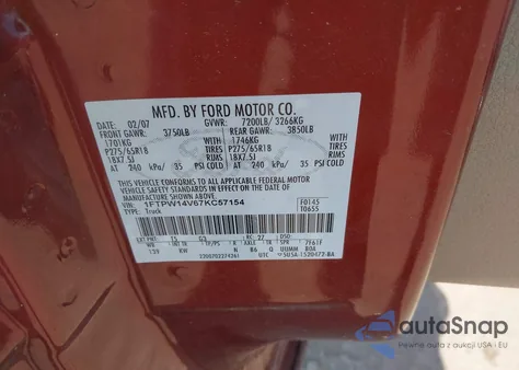 2007 Ford F-150 Fx4/Lariat/Xlt z USA, uszkodzony, nr VIN 1FTPW14V67KC57154